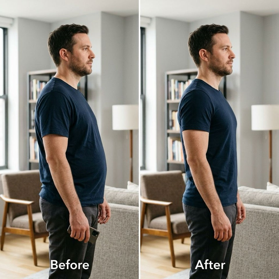 Before and after side profile showing a smoother stomach line in a navy Terdanta Sculpt outfit