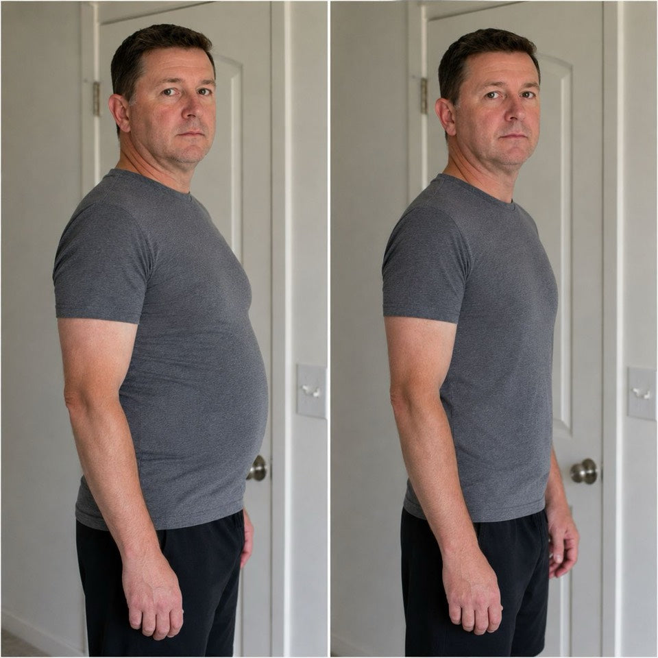 Before and after photo in a grey shirt showing a flatter stomach line with Terdanta Sculpt