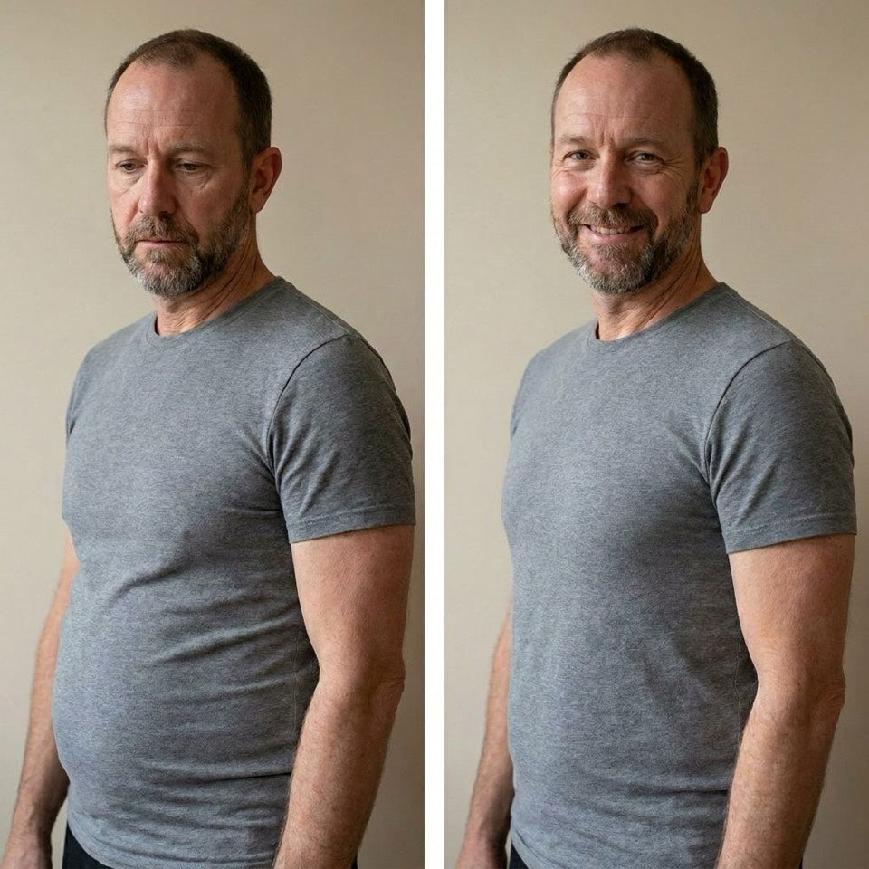 Before and after view showing a smoother chest and stomach line in a grey tee