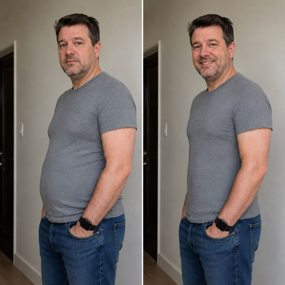 Before and after result showing a more pulled-in shape under a grey fitted shirt