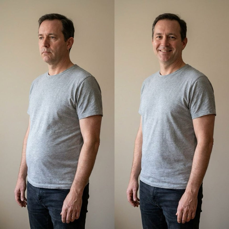 Before and after example showing a smoother stomach in a light grey T-shirt