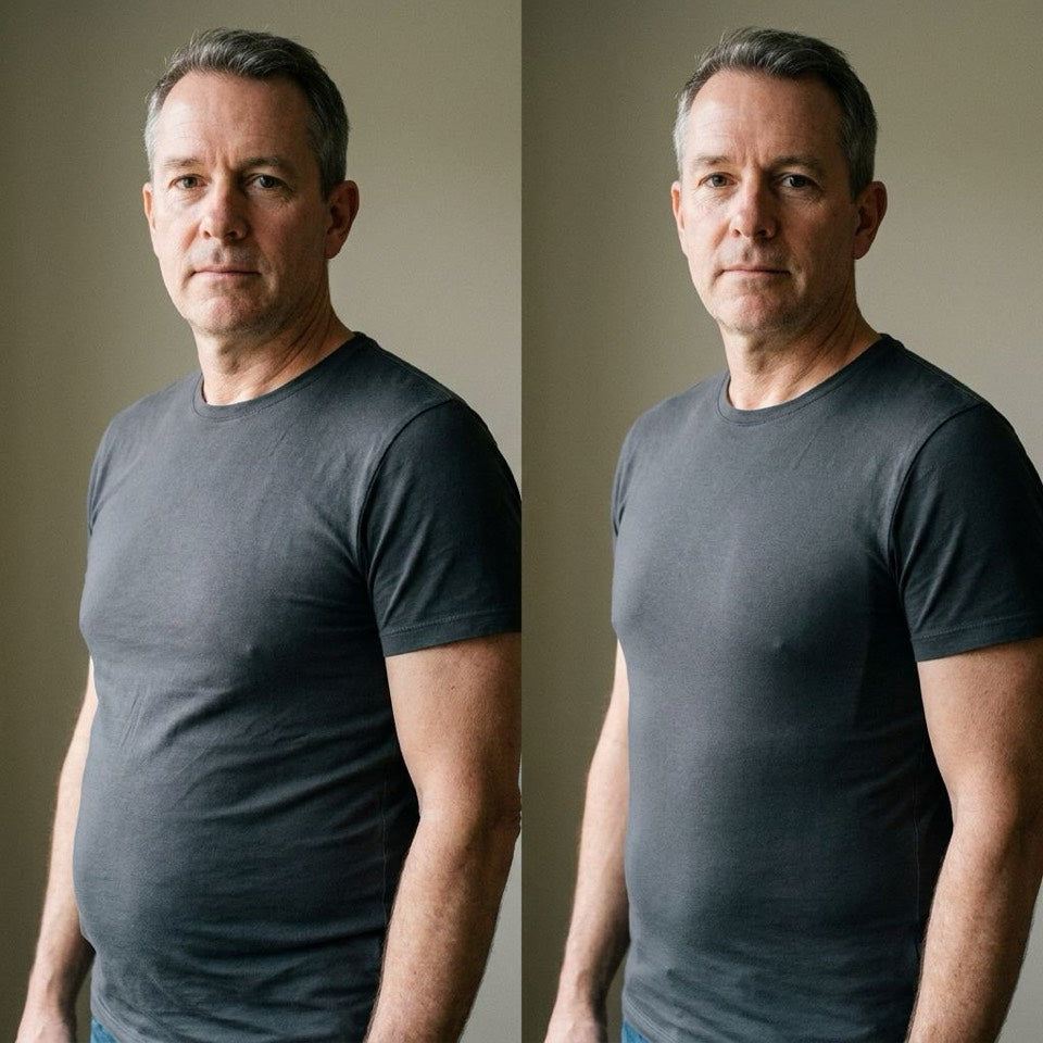 Before and after comparison in a dark T-shirt showing a flatter front profile