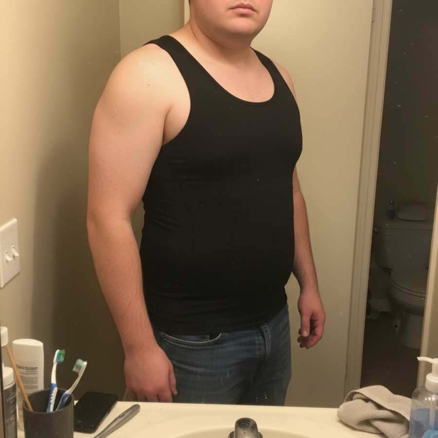 Bathroom mirror selfie wearing a black Terdanta Sculpt compression vest