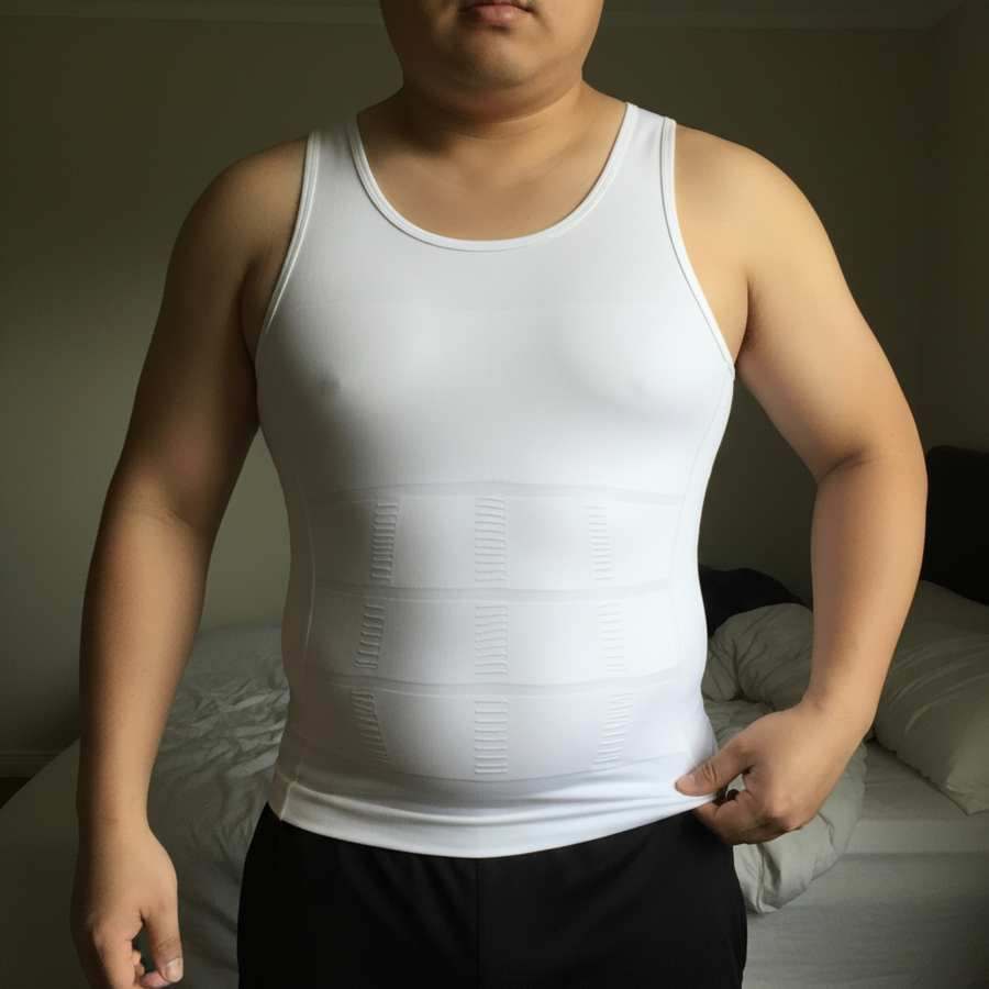 Bedroom photo of a customer wearing a white Terdanta Sculpt compression vest