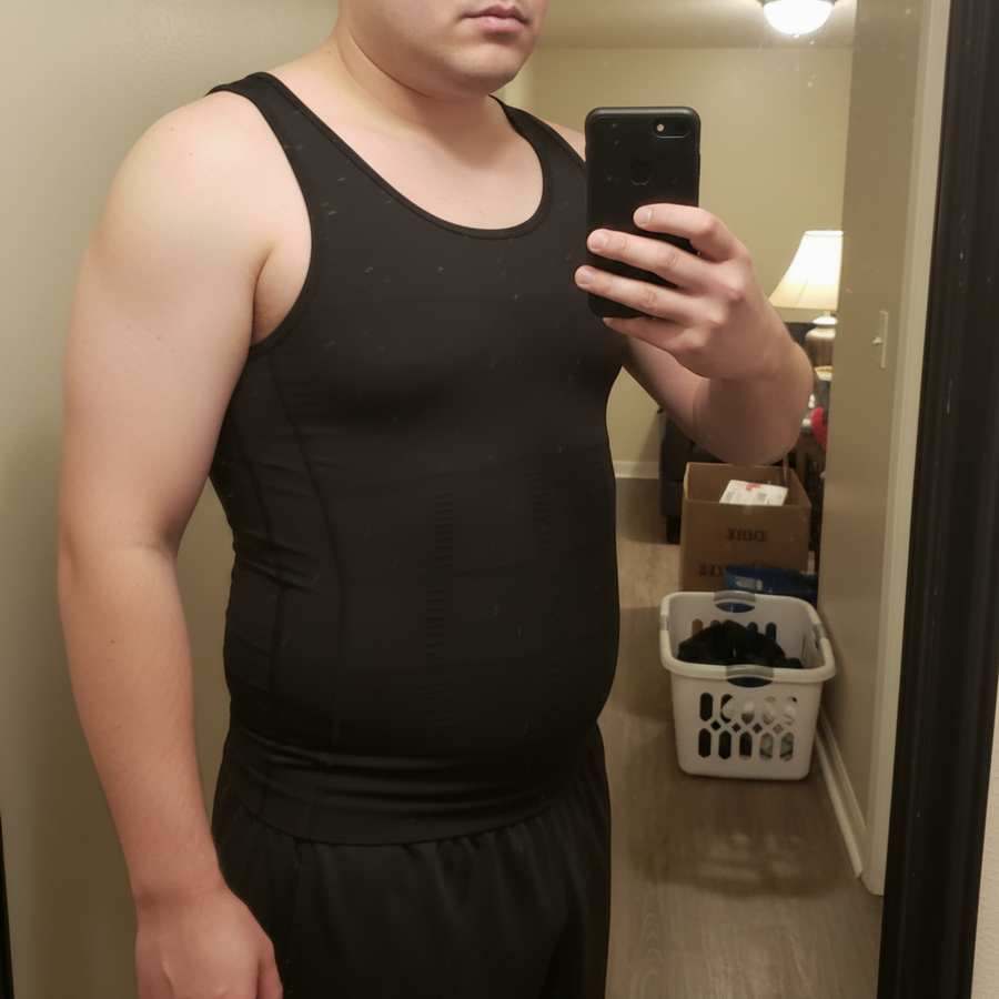 Hallway mirror fit check while wearing a black Terdanta Sculpt vest